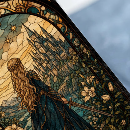 Stained glass depiction of a woman with a sword overlooking a castle.