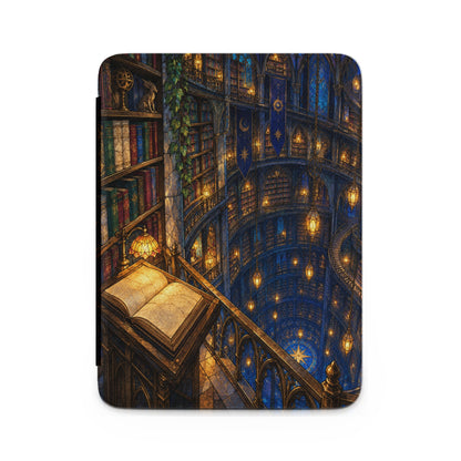 Ornate, circular library with books, lamps, and a celestial compass.