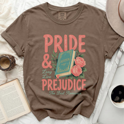 Pride & Prejudice by Austen floral book graphic t-shirt.