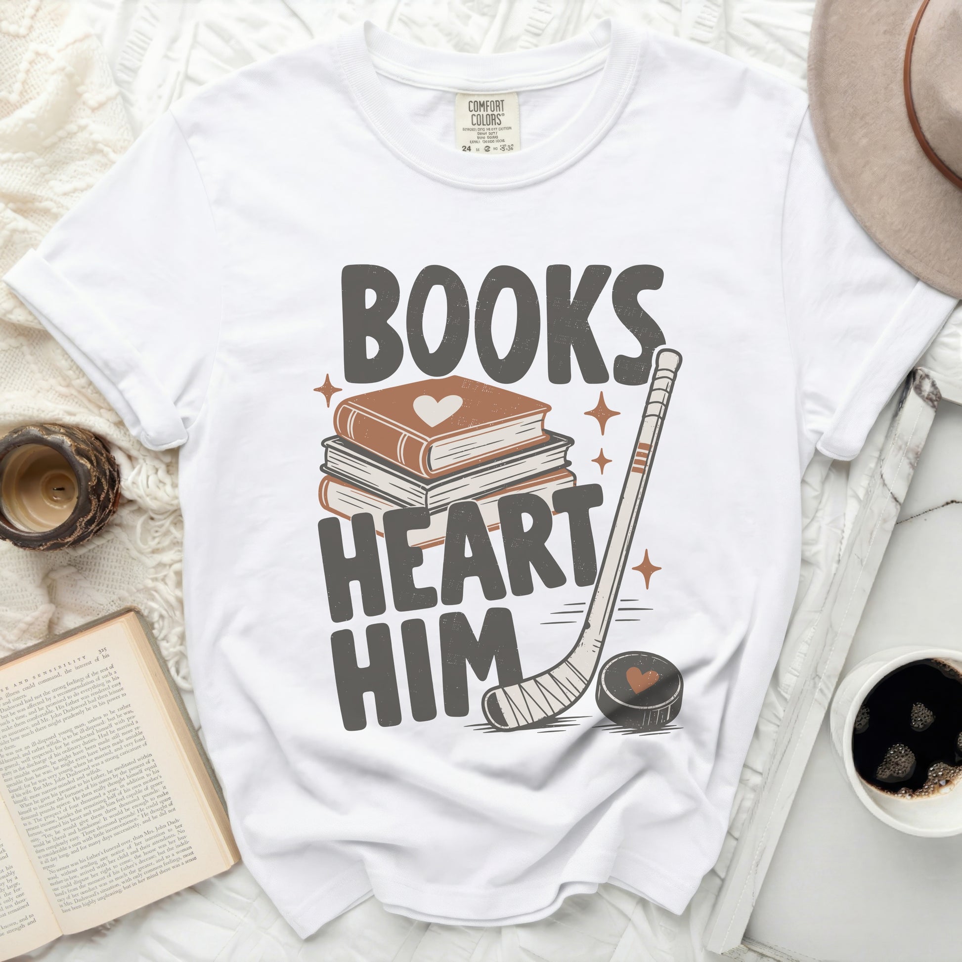 Books Heart Him text graphic with books and hockey stick.