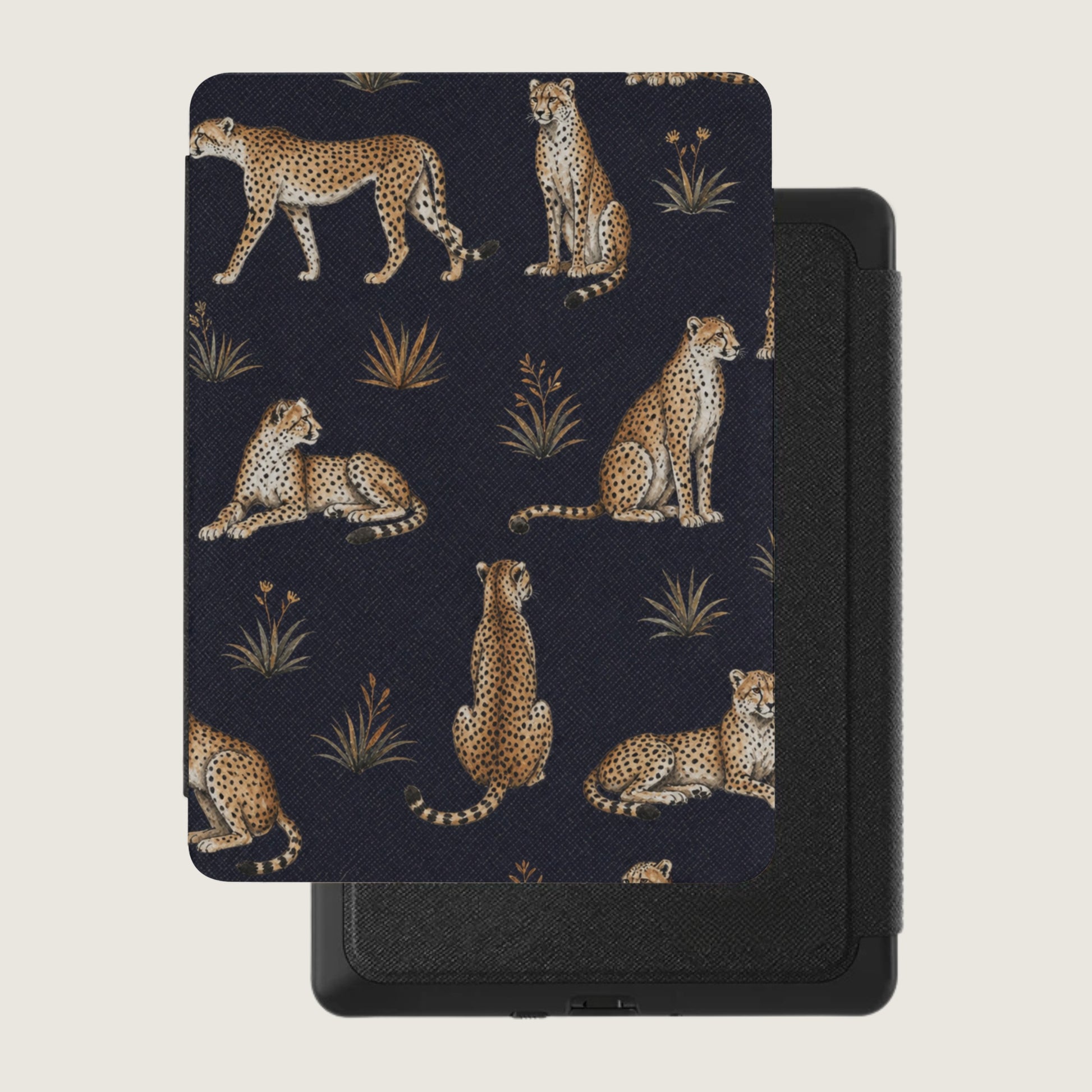 Dark blue case with repeating cheetah and foliage pattern