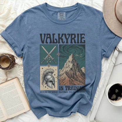 Blue t-shirt with "VALKYRIE" text and four illustrated panels.
