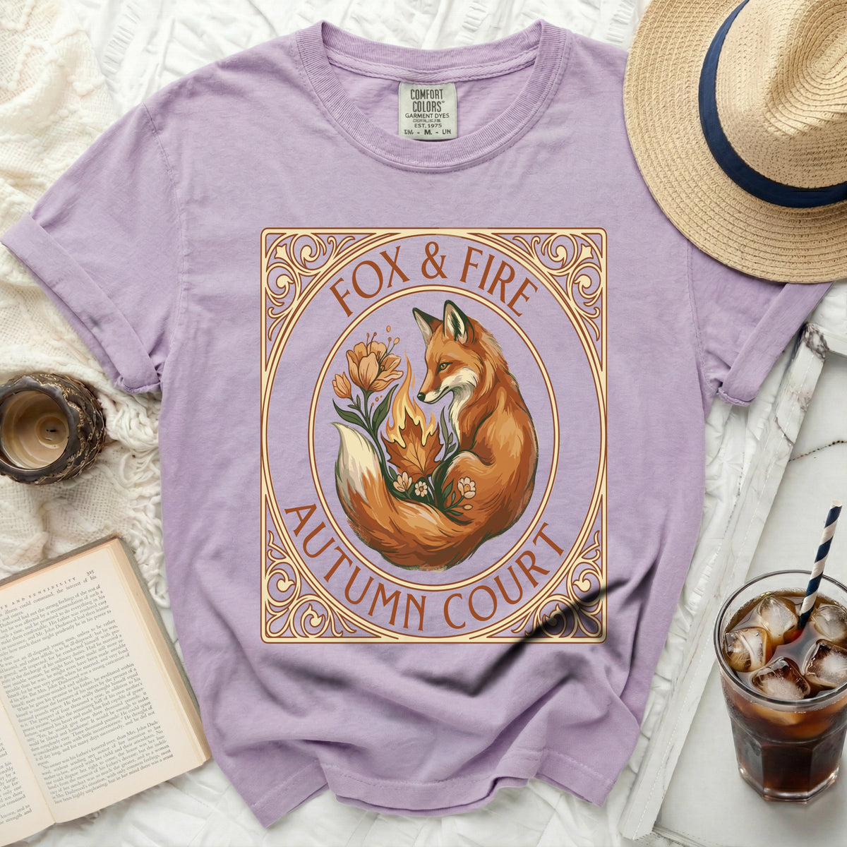 Lilac t-shirt with "Fox & Fire Autumn Court" design featuring a fox.