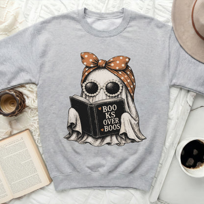 Gray sweatshirt with a ghost reading a book with "Boo KS Over BOOS" text.