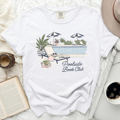 White t-shirt with "Poolside Book Club" text and poolside graphic.