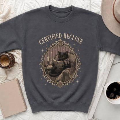 Dark gray sweatshirt with "CERTIFIED RECLUSE" text and a black cat reading a book.
