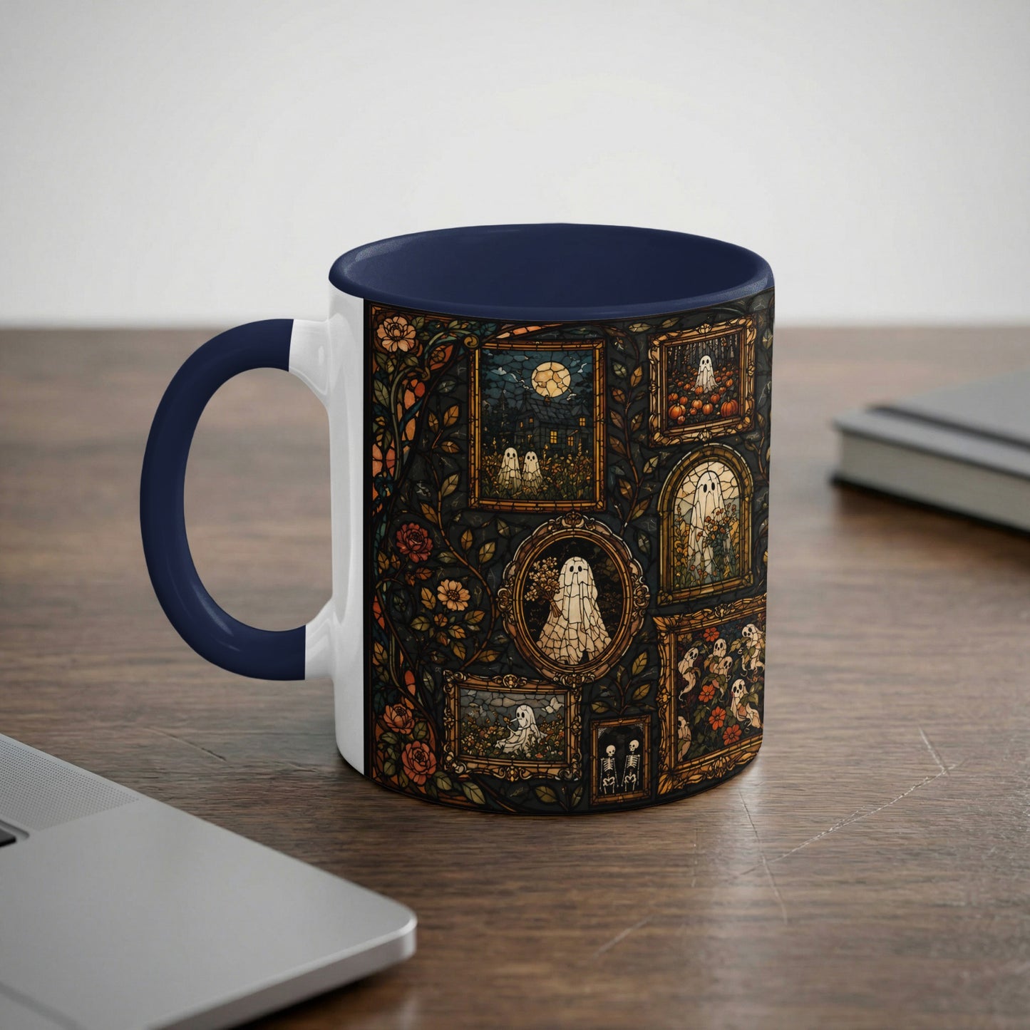 Mug with blue handle and interior, featuring a stained-glass style ghost and floral pattern.