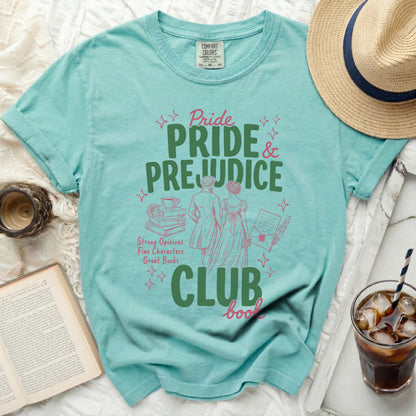 Turquoise t-shirt with Pride and Prejudice book club design.