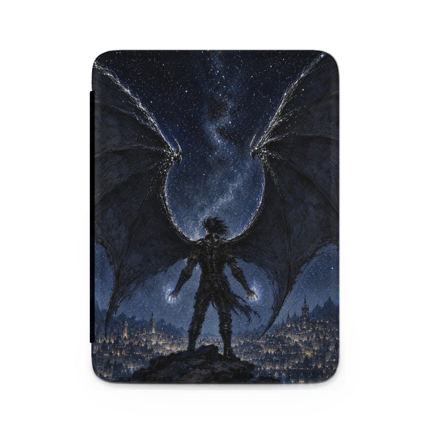 Winged figure with glowing hands overlooking a city at night under the stars.