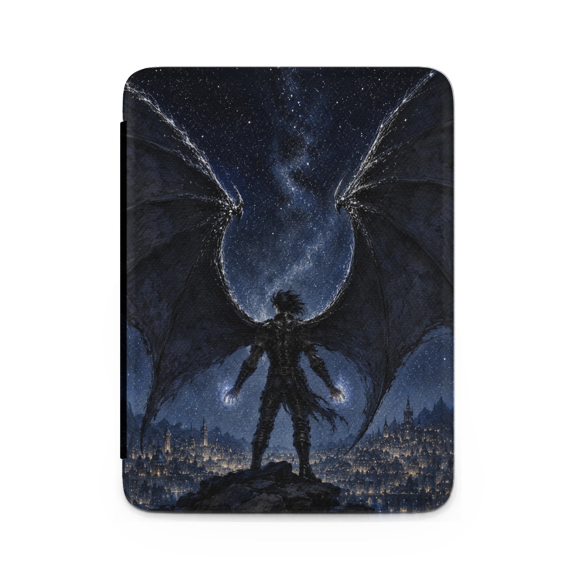 Winged figure with glowing hands overlooking a city at night under the stars.