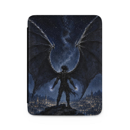 Winged figure with glowing hands overlooking a city at night under the stars.