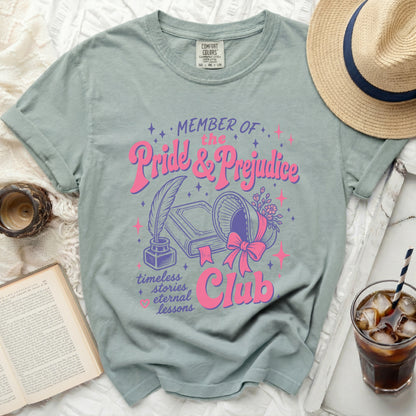 Pride and Prejudice Club graphic t-shirt with book and quill design.