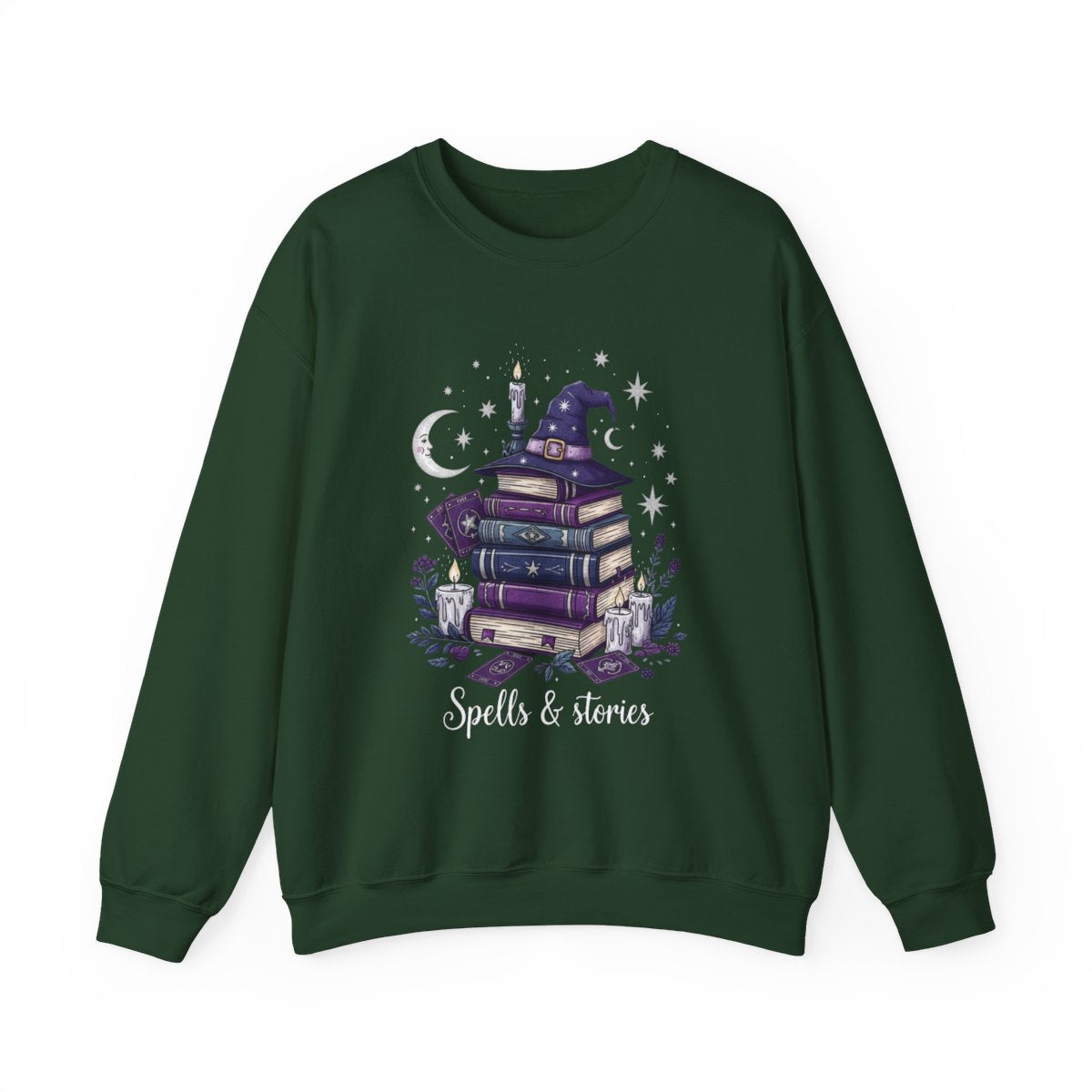 Spells Stories Stack Books Witch Hat Graphic Sweatshirt - MagicMerchEmporium