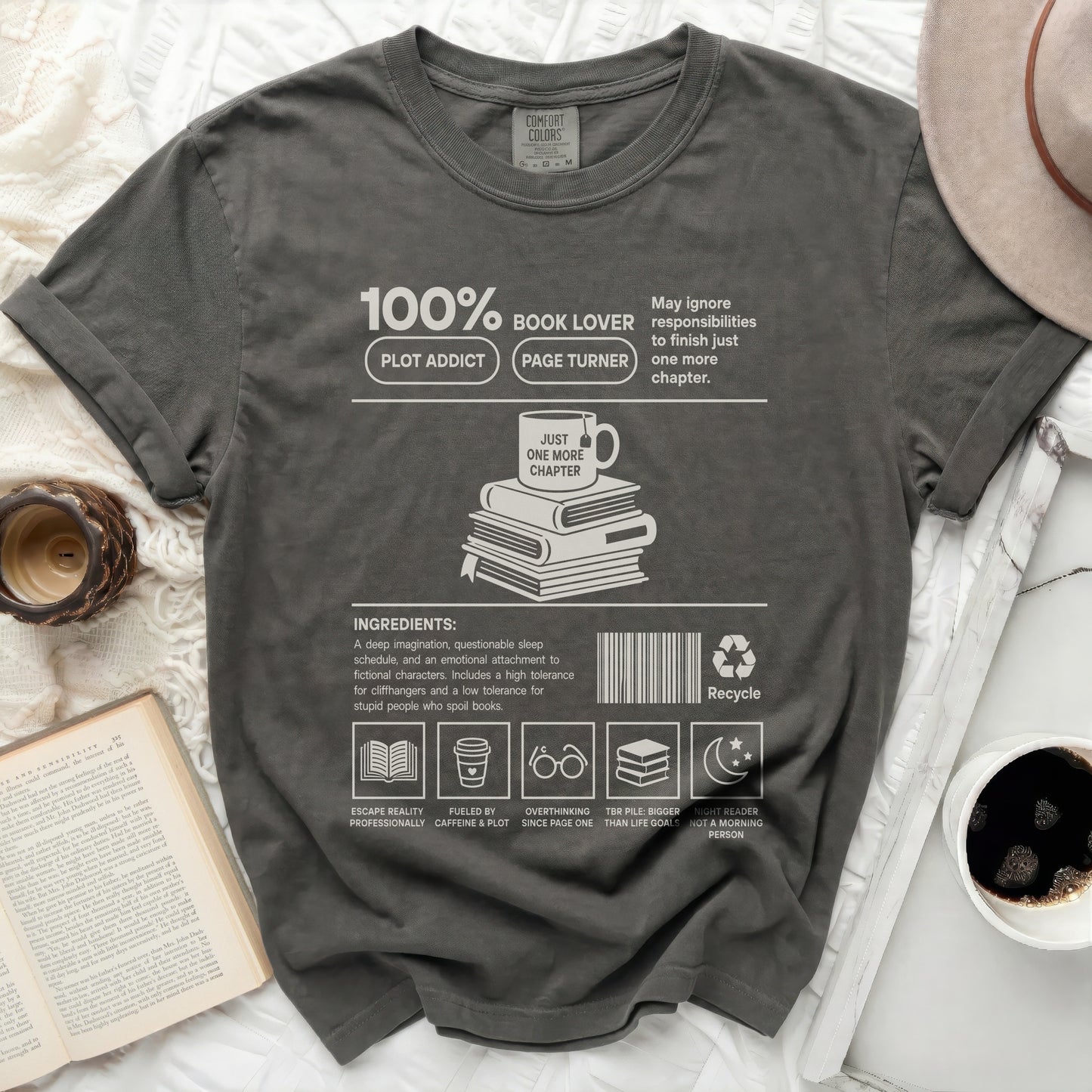 "100% Book Lover" t-shirt with ingredients for a reader.