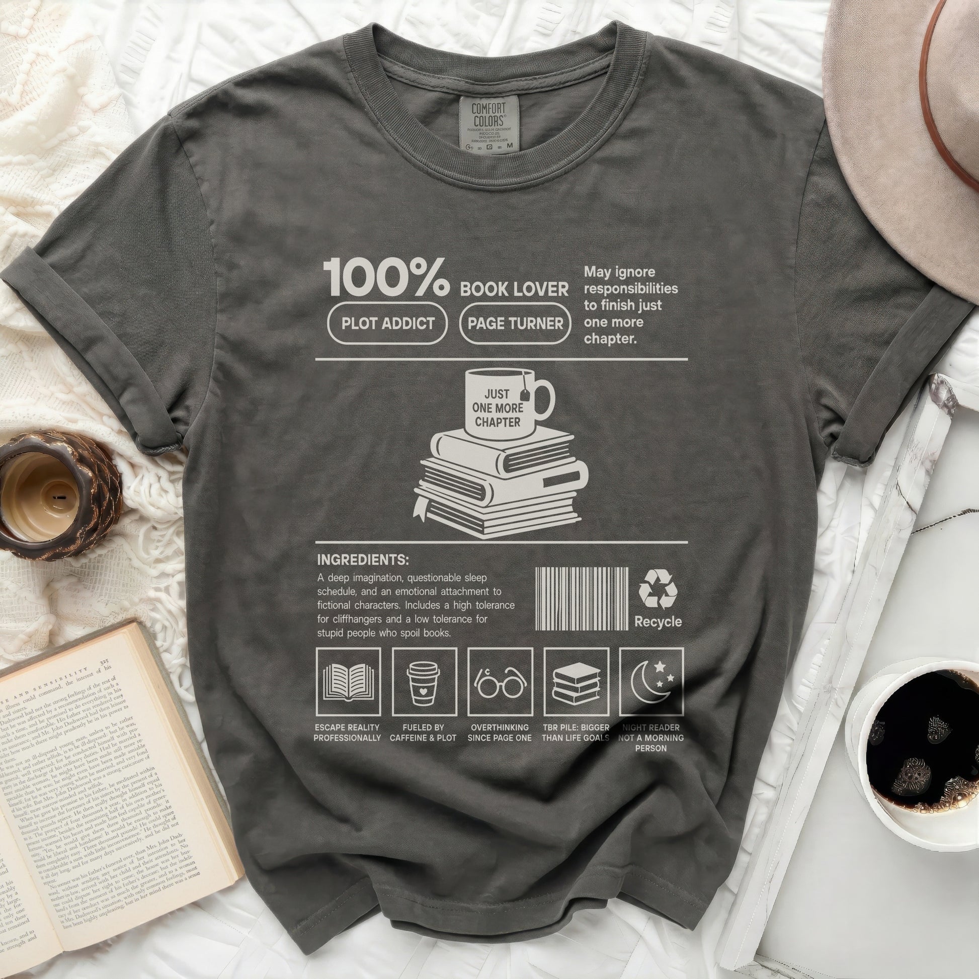 "100% Book Lover" t-shirt with ingredients for a reader.