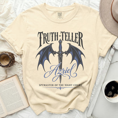 Cream t-shirt with "Truth Teller Azriel Spymaster of the Night Court" text and sword design.