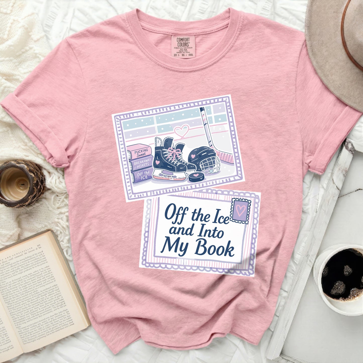 Pink t-shirt with ice skating and book graphic saying "Off the Ice and Into My Book."