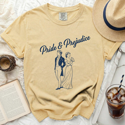 Yellow t-shirt with "Pride & Prejudice" and a couple illustration.