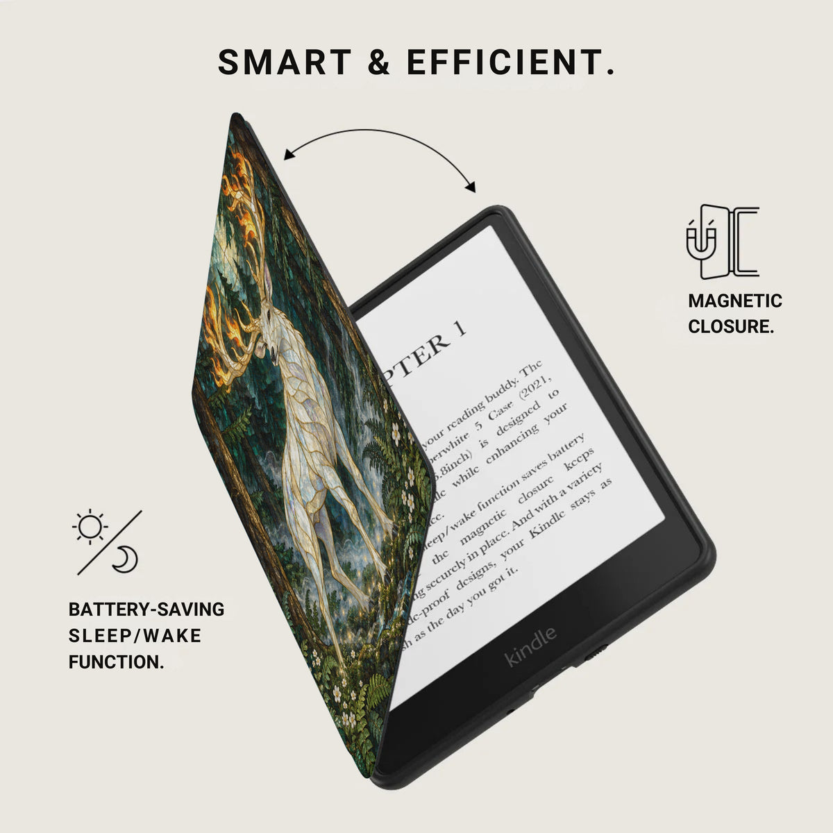 Kindle e-reader with a decorative "deer" case, magnetic closure, and battery-saving function.