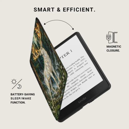 Kindle e-reader with a decorative "deer" case, magnetic closure, and battery-saving function.