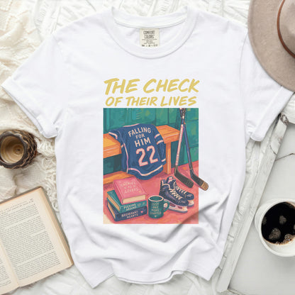 White t-shirt with "The Check Of Their Lives" and hockey motif.