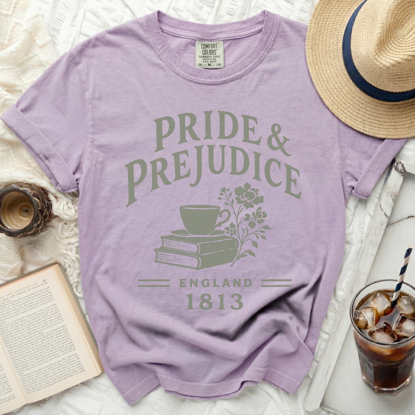 Purple t-shirt with Pride and Prejudice England 1813 graphic.
