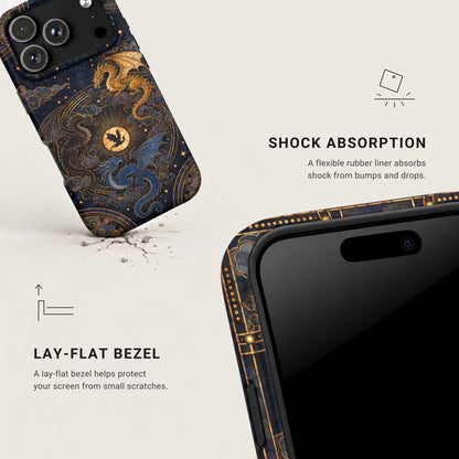 An angled view of a phone case with a dragon design, highlighting shock absorption and lay-flat bezel features.