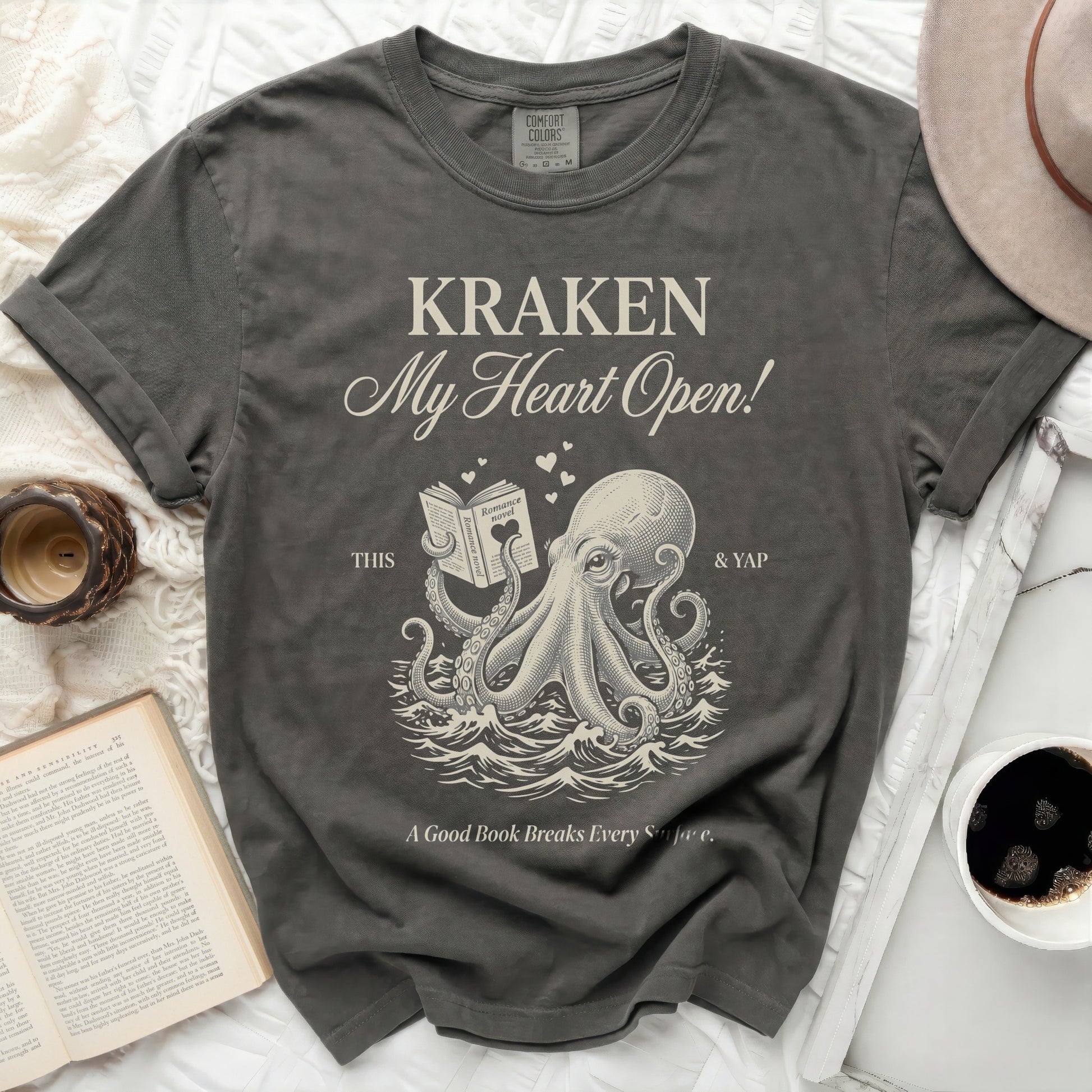 Dark grey t-shirt with Kraken illustration and "My Heart Open!" text.