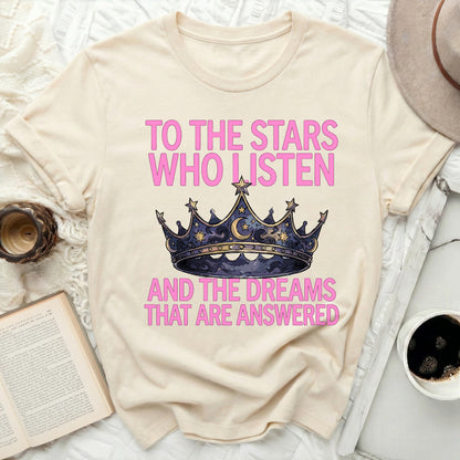 Stars Who Listen Dreams That Are Answered product type
Celestial
Fantasy
Inspirational
Quote
Magical
Moon
Stars
Crown
Dreams
Positive
Empowering
Gift Idea
Unique Design
Graphic Shirt
Bohemian Style
Whimsical
Universe Theme
Spirituality
Cosmic
Night Sky