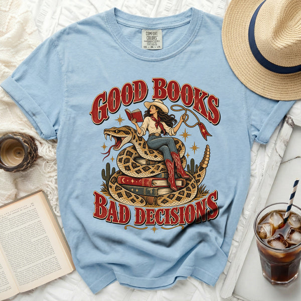 Good Books Bad Decisions Tee in Chambray