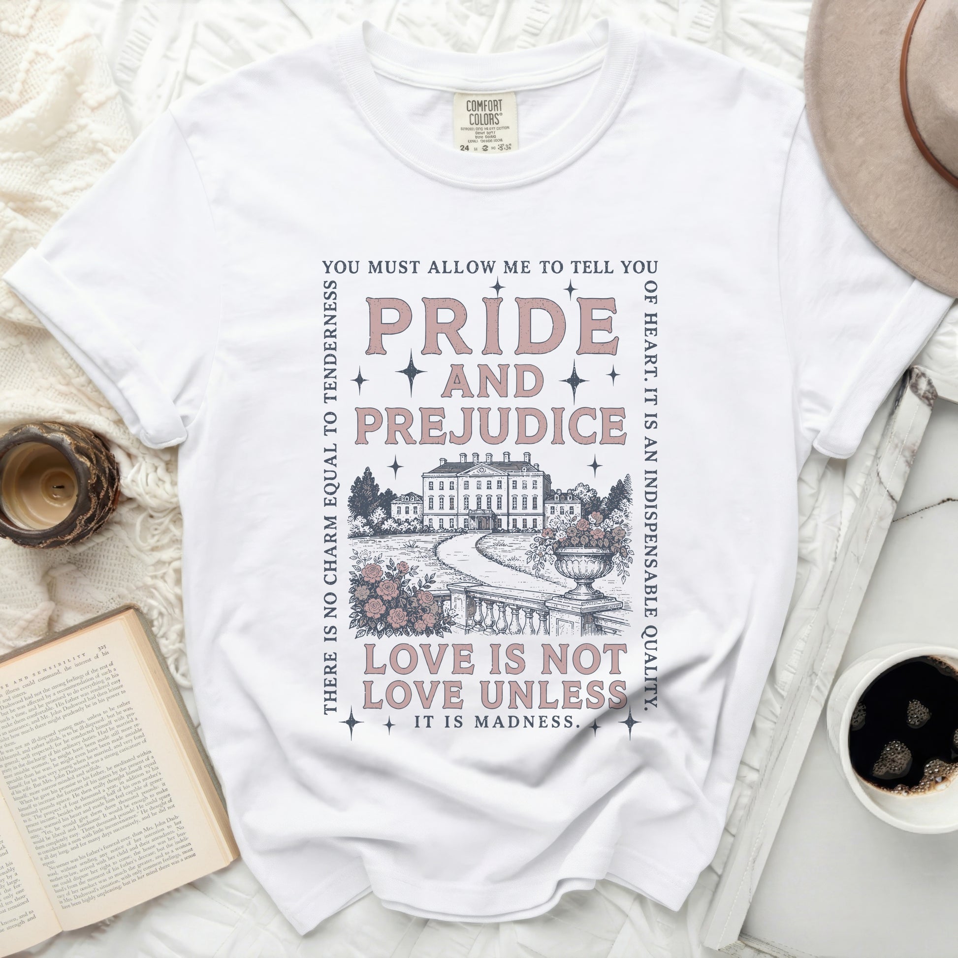 White Comfort Colors t-shirt with Pride and Prejudice film quote and illustration.