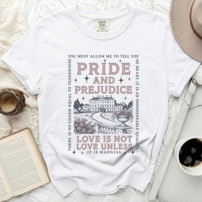 White Comfort Colors t-shirt with Pride and Prejudice film quote and illustration.