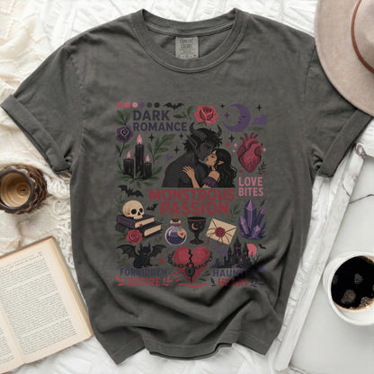 Dark Romance, love bites, and gothic motifs on a charcoal Comfort Colors t-shirt.