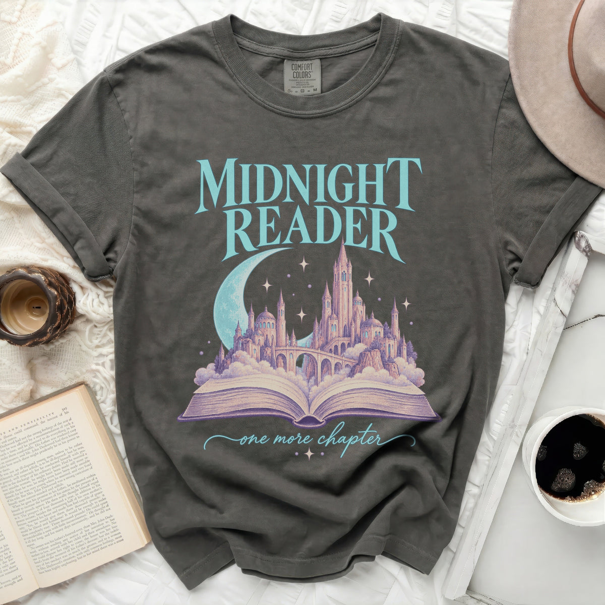 Dark gray t-shirt with "Midnight Reader" text, castle, and open book graphic.