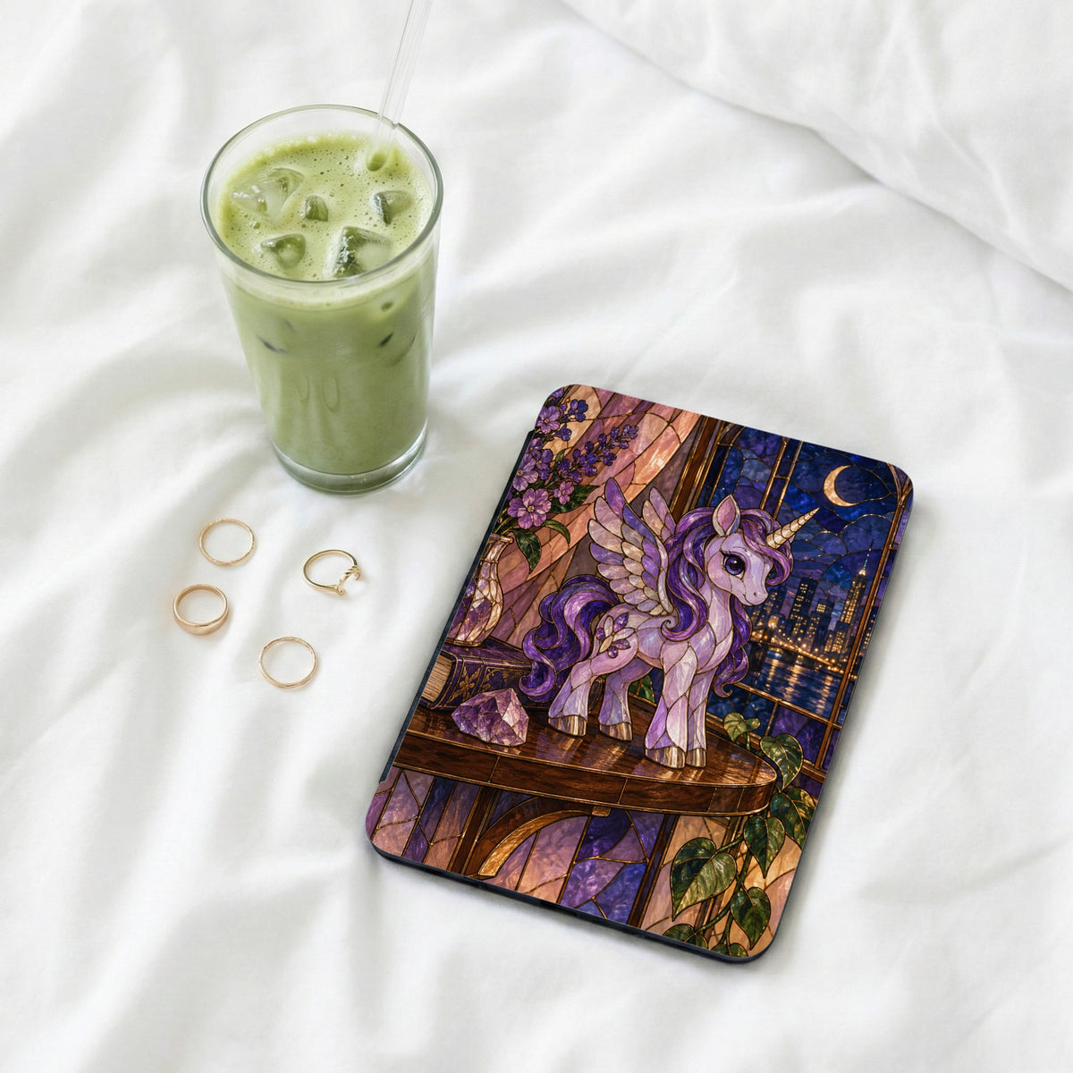 Stained glass unicorn case with city night view and purple flowers.