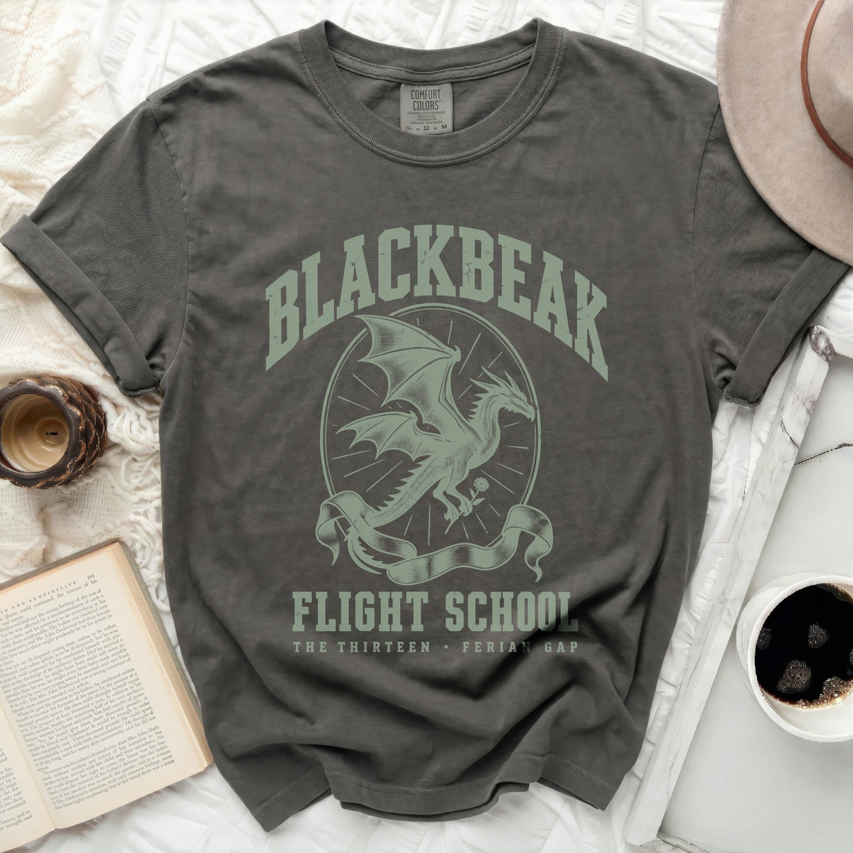 Charcoal gray t-shirt with a vintage-style green dragon graphic and text reading "Blackbeak Flight School."