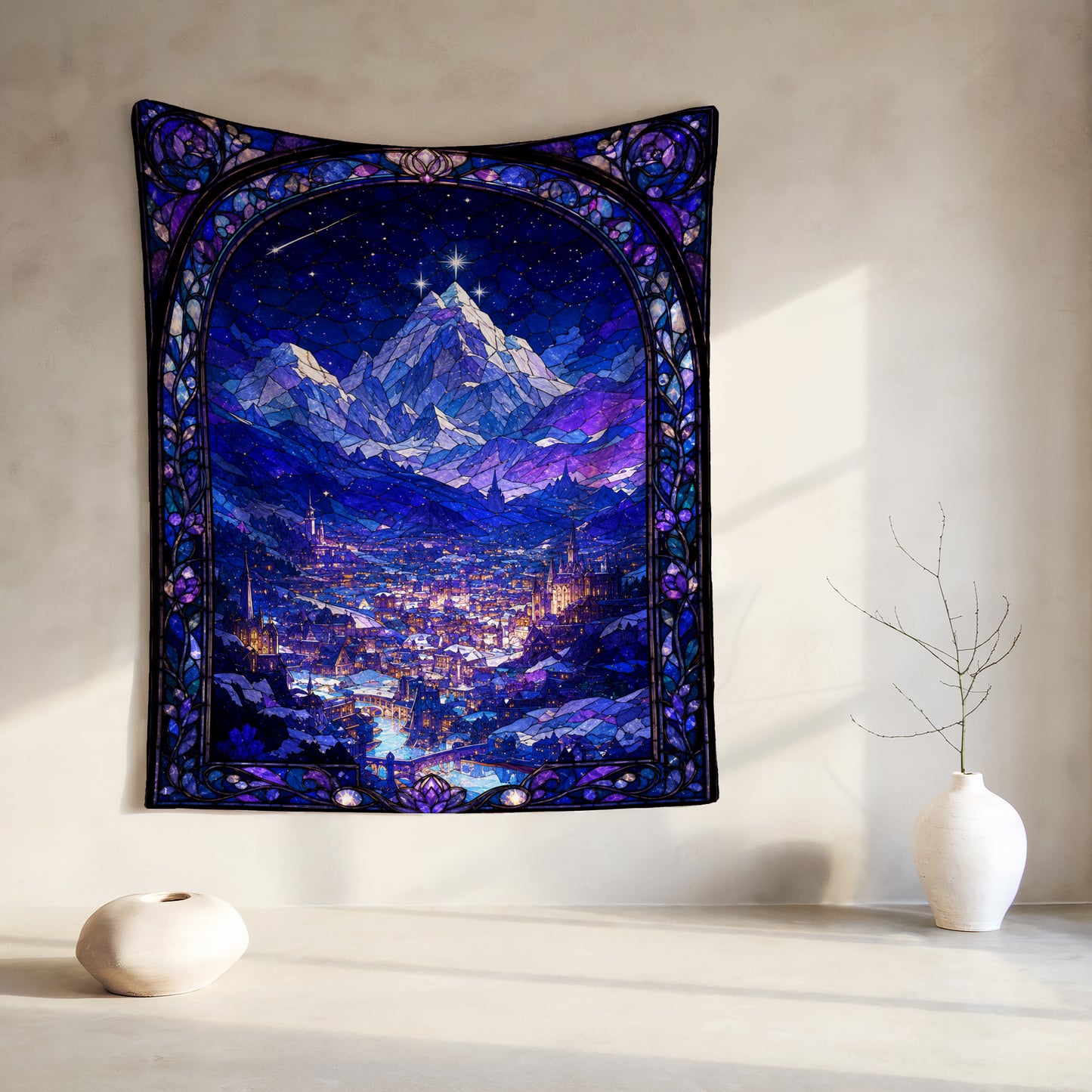Stained glass tapestry of a snowy mountain village at night under a starry sky.