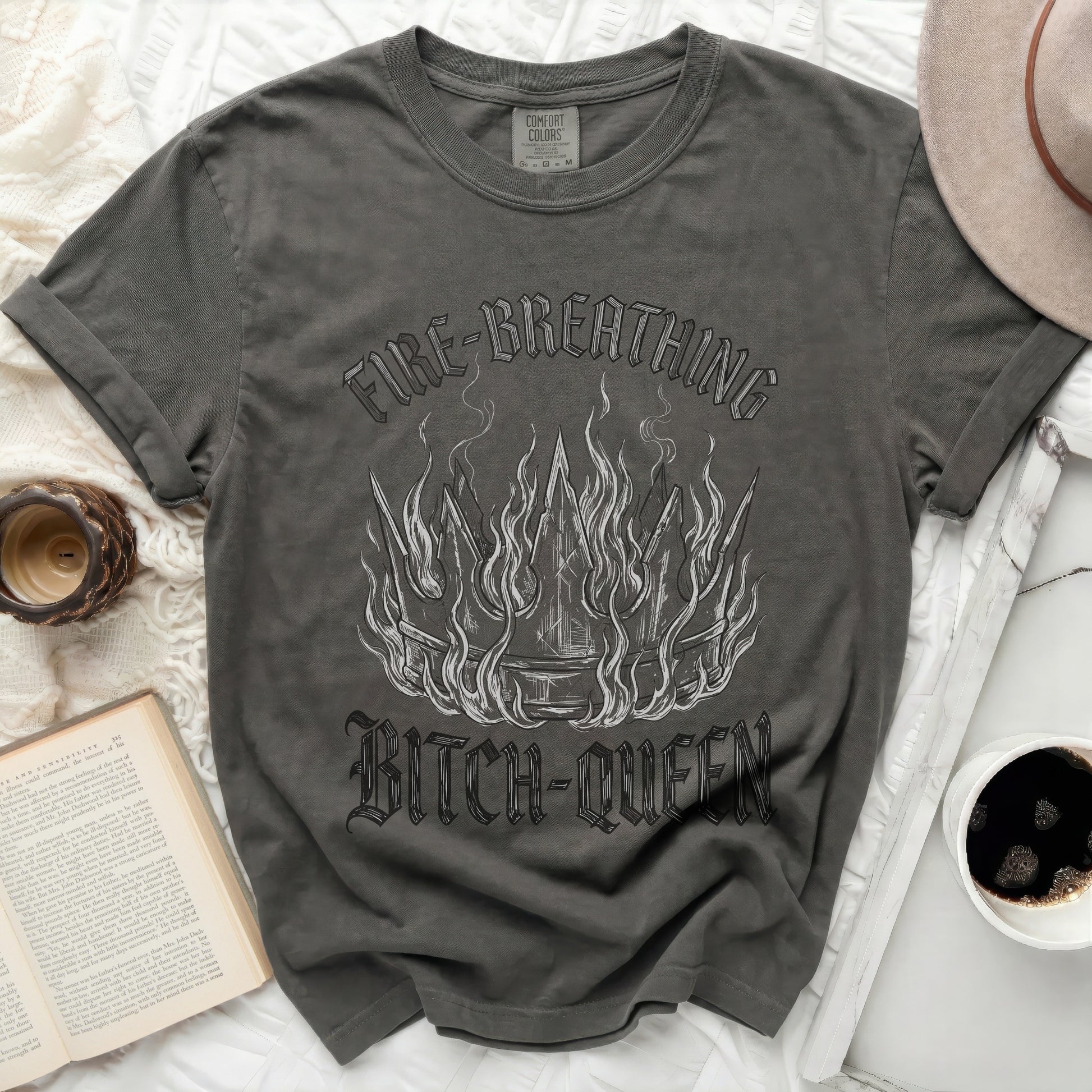 Dark gray t-shirt with "Fire-Breathing Bitch-Queen" graphic.