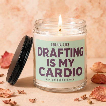 Candle with text "Smells like Drafting is my Cardio" from MagicMerchEmporium.
