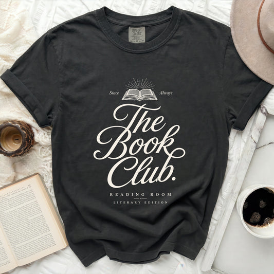 Black t-shirt with "The Book Club Reading Room Literary Edition" text and an open book.