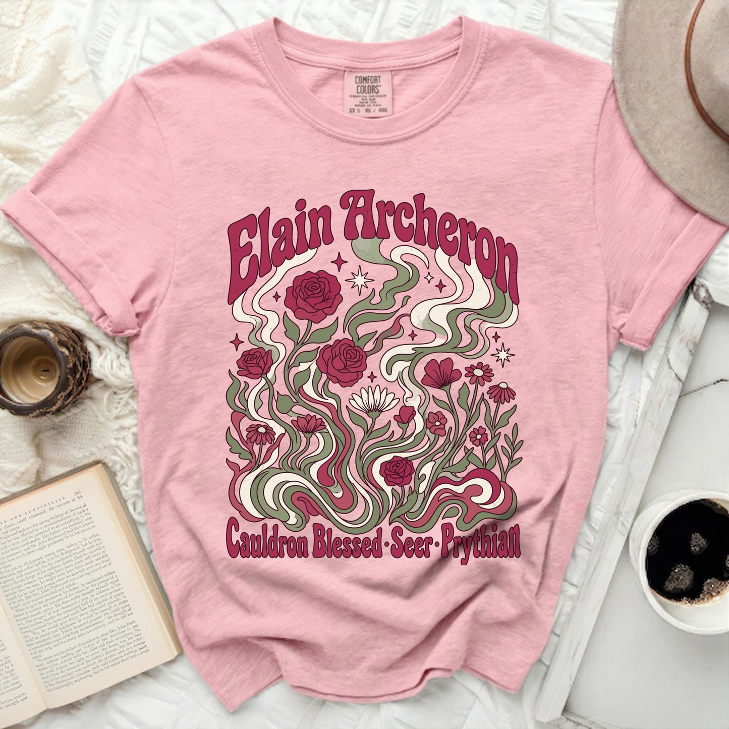 Pink t-shirt with Elain Acheron and floral design; Cauldron Blessed-Seer-Prythian.