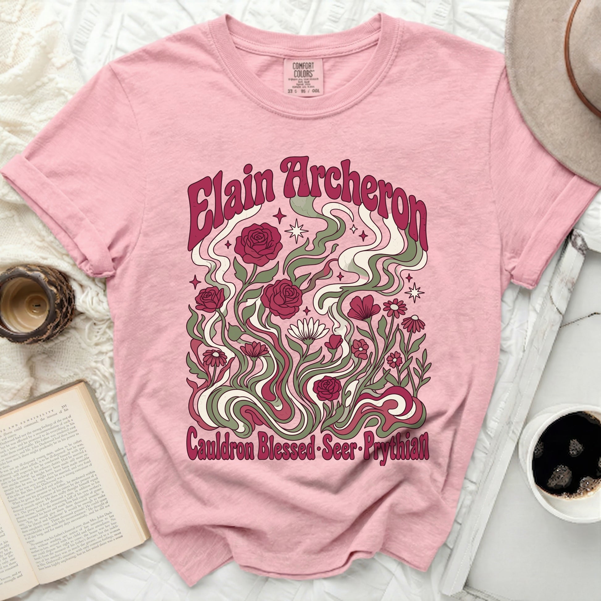 Pink t-shirt with Elain Acheron and floral design; Cauldron Blessed-Seer-Prythian.