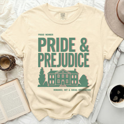Proud member Pride & Prejudice t-shirt with house graphic.