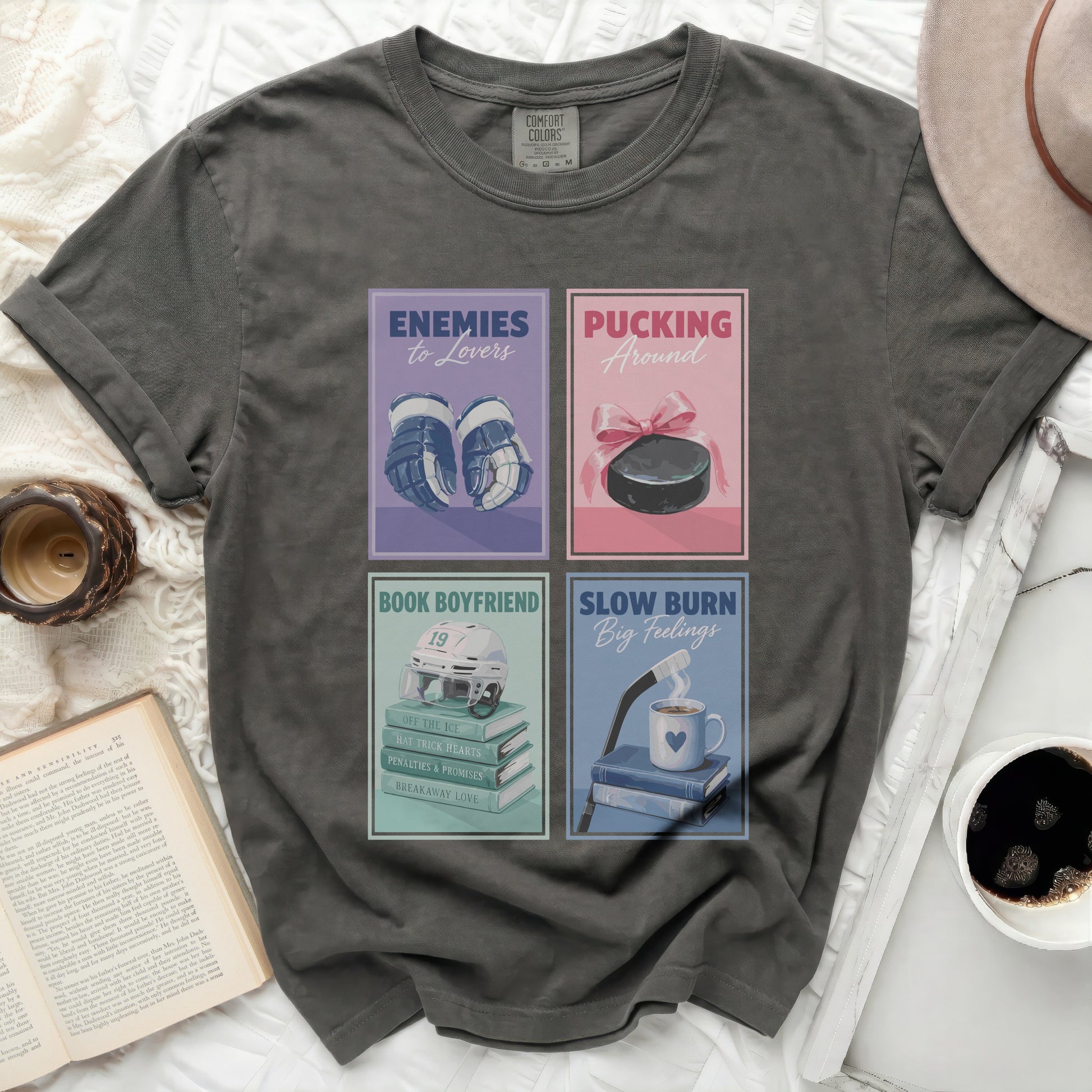 T-shirt with four graphic novel style panels featuring sports and romance themes.