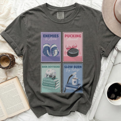 T-shirt with four graphic novel style panels featuring sports and romance themes.