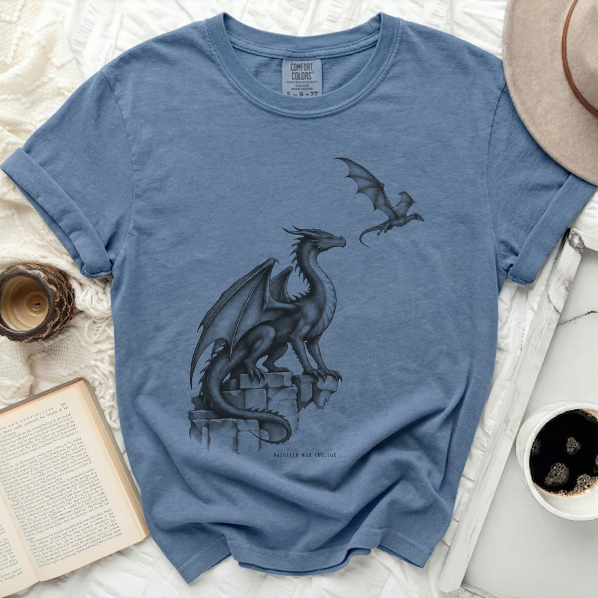 Blue t-shirt with dragons and "Basgiath War College" text.