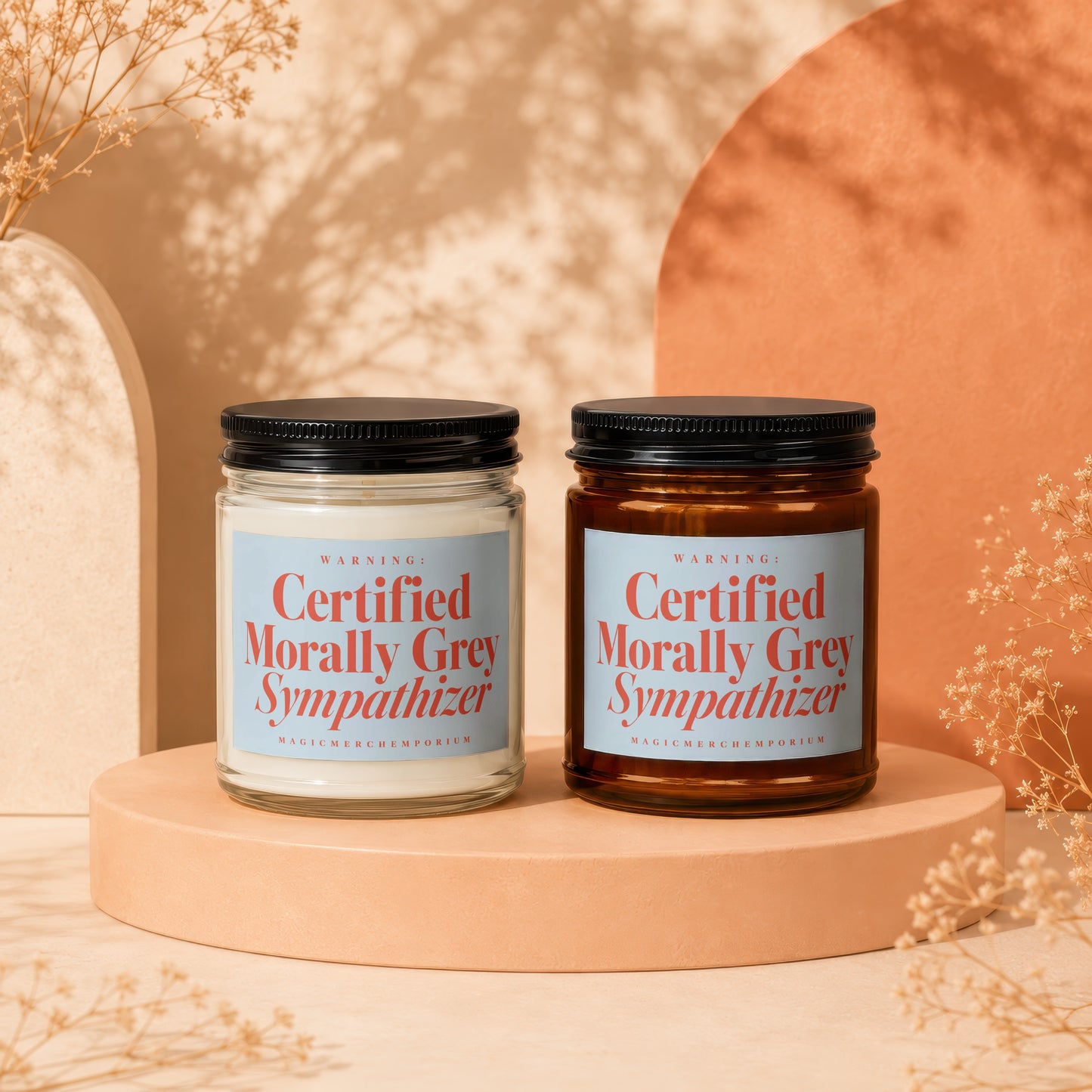 Two candles labeled "Certified Morally Grey Sympathizer" by MagicMerchemporium.