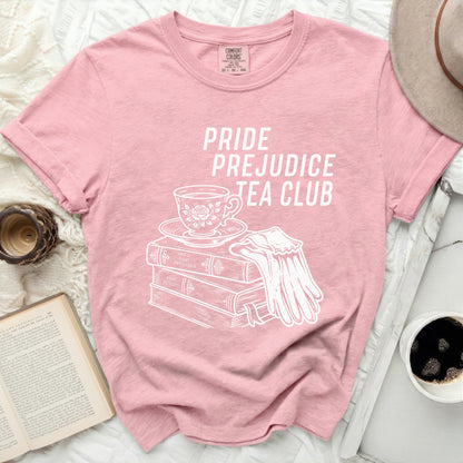 Pink t-shirt with "Pride Prejudice Tea Club" and literary illustrations.