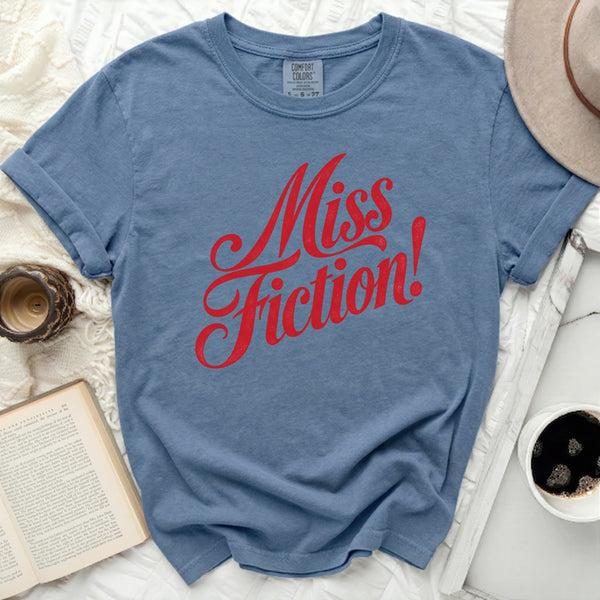 Miss Fiction Script Tee in Blue Jean