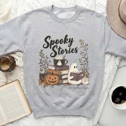 Grey sweatshirt with "Spooky Stories" and a ghost reading.